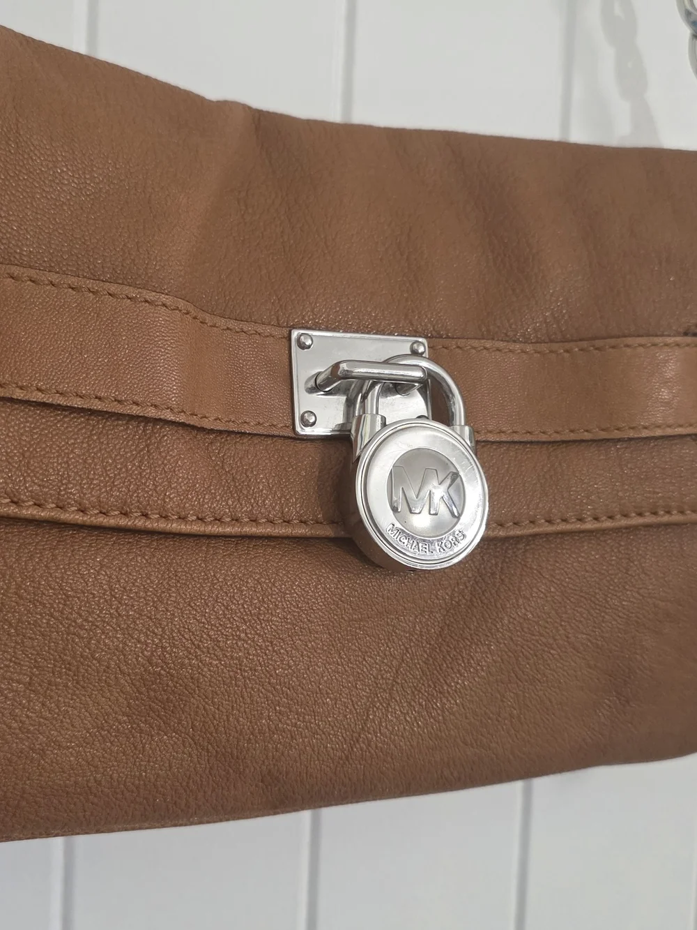 Michael Kors Brown Pebbled Leather Medium Shoulder Bag Chain Strap Padlock Purse